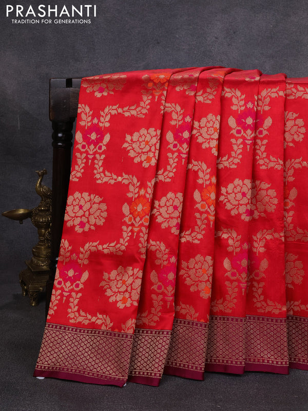 Banarasi katan silk saree red and wine shade with allover zari woven floral weaves and zari woven border