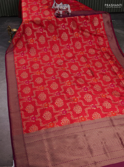 Banarasi katan silk saree red and wine shade with allover zari woven floral weaves and zari woven border