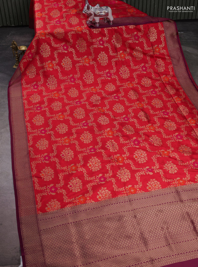 Banarasi katan silk saree red and wine shade with allover zari woven floral weaves and zari woven border
