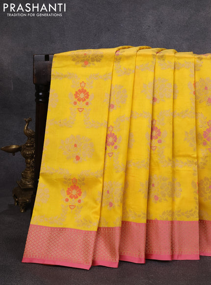 Banarasi katan silk saree yellow and peach pink with allover zari woven floral weaves and zari woven border