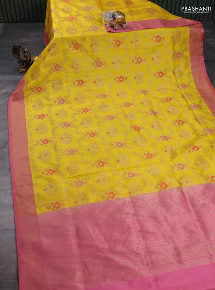 Banarasi katan silk saree yellow and peach pink with allover zari woven floral weaves and zari woven border