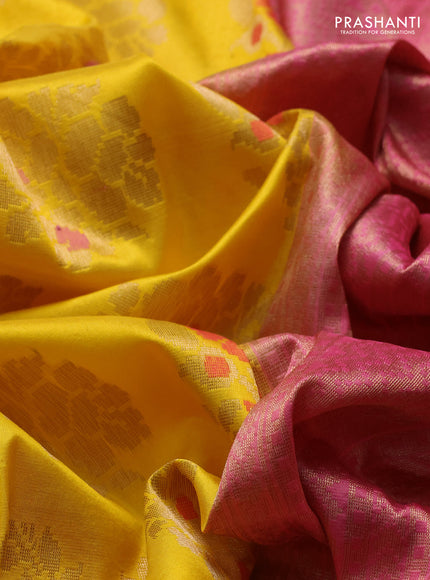 Banarasi katan silk saree yellow and peach pink with allover zari woven floral weaves and zari woven border