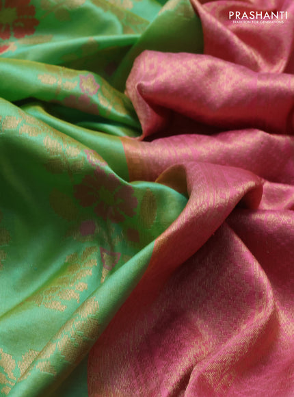 Banarasi katan silk saree teal green and peach pink with allover zari woven floral weaves and zari woven border