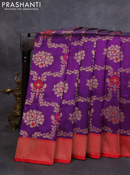 Banarasi katan silk saree purple and red with allover zari woven floral weaves and zari woven border