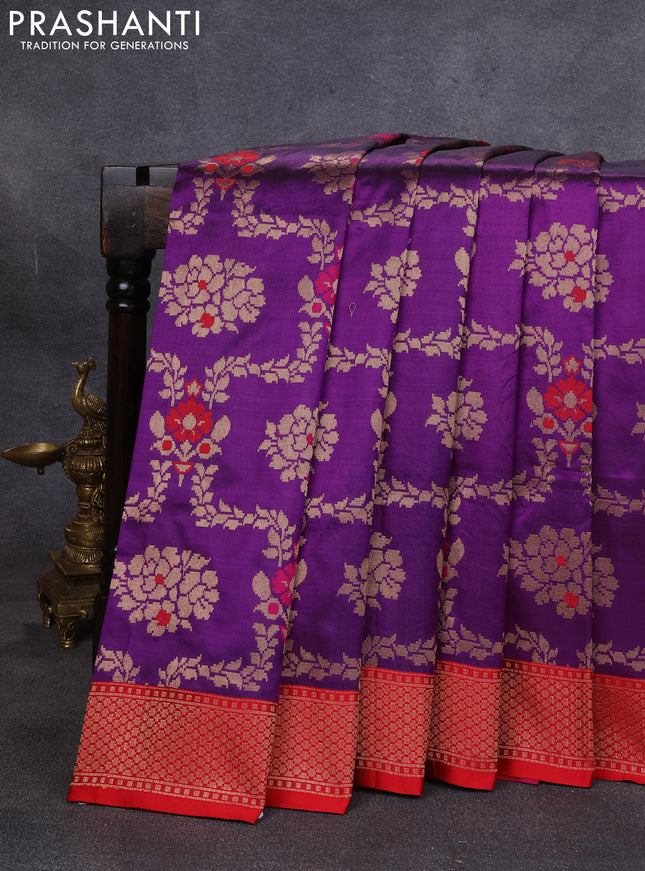 Banarasi katan silk saree purple and red with allover zari woven floral weaves and zari woven border