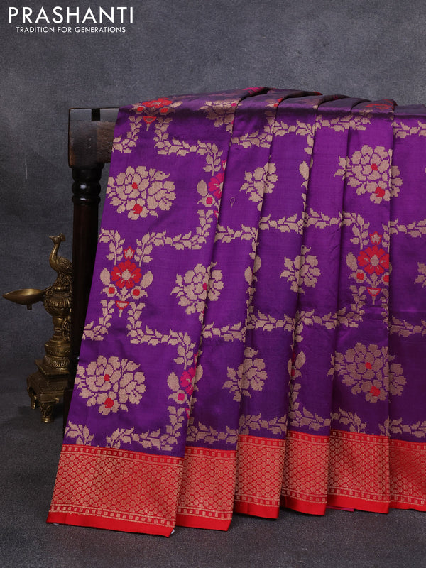 Banarasi katan silk saree purple and red with allover zari woven floral weaves and zari woven border