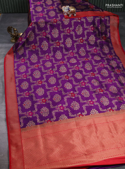 Banarasi katan silk saree purple and red with allover zari woven floral weaves and zari woven border
