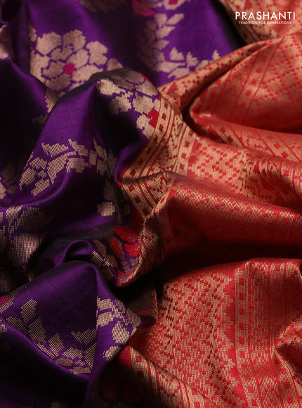 Banarasi katan silk saree purple and red with allover zari woven floral weaves and zari woven border