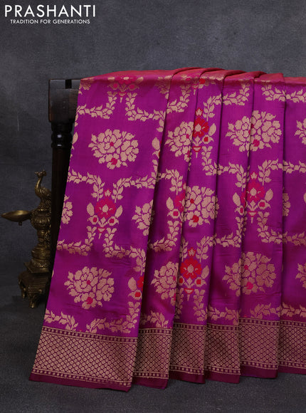 Banarasi katan silk saree magenta pink and purple with allover zari woven floral weaves and zari woven border