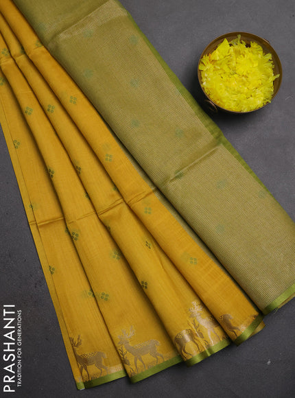 Semi dupion saree mustard yellow and light green with allover thread woven bandhani buttas and zari woven butta border