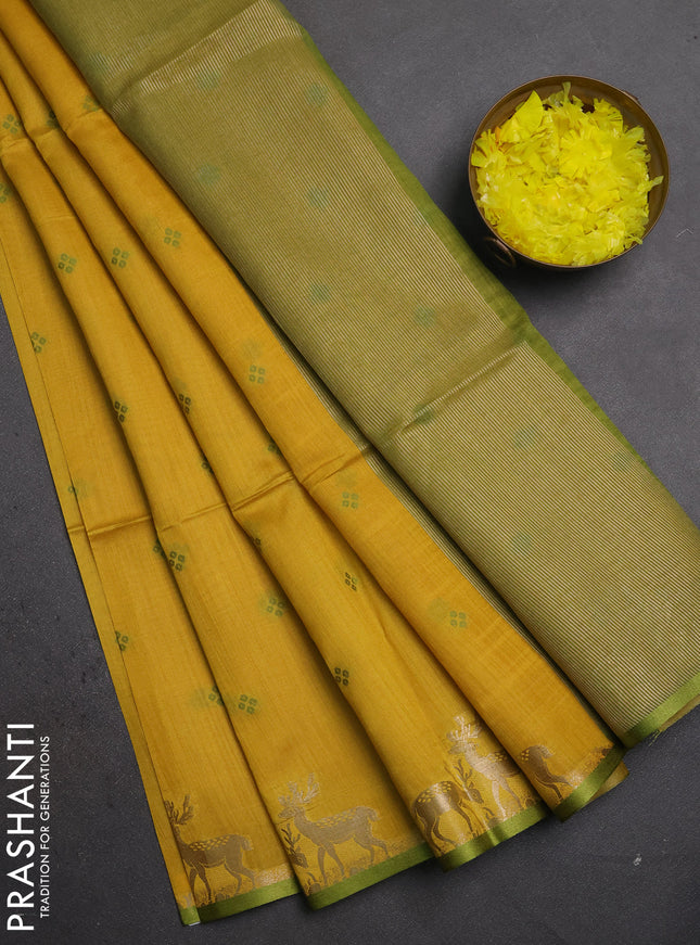 Semi dupion saree mustard yellow and light green with allover thread woven bandhani buttas and zari woven butta border