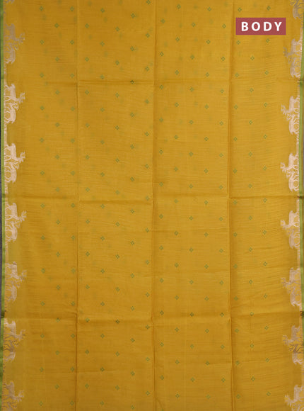 Semi dupion saree mustard yellow and light green with allover thread woven bandhani buttas and zari woven butta border