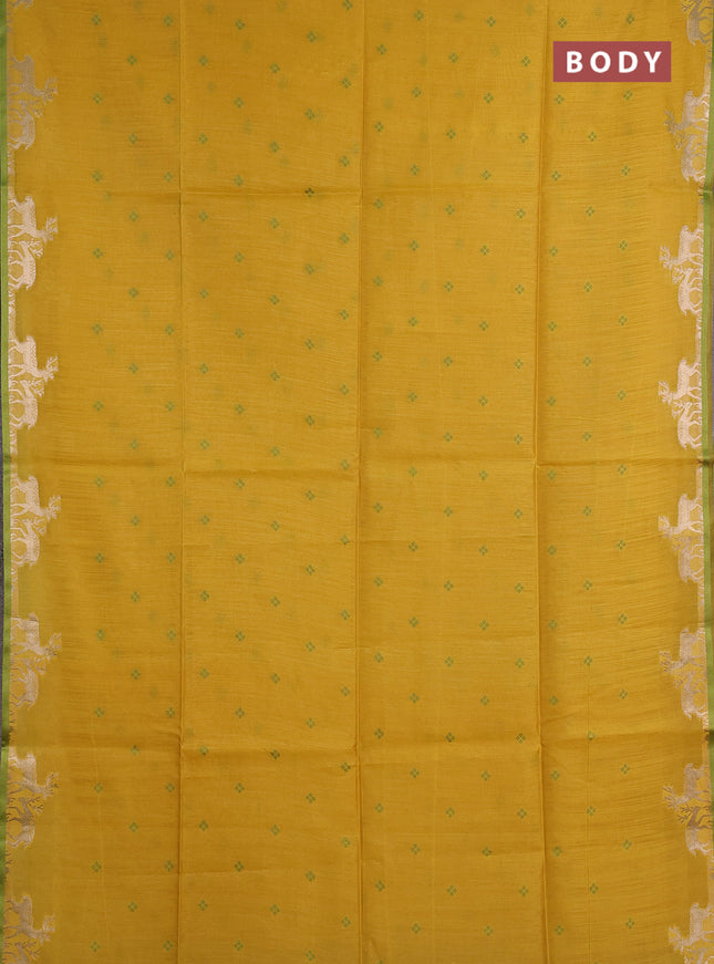 Semi dupion saree mustard yellow and light green with allover thread woven bandhani buttas and zari woven butta border
