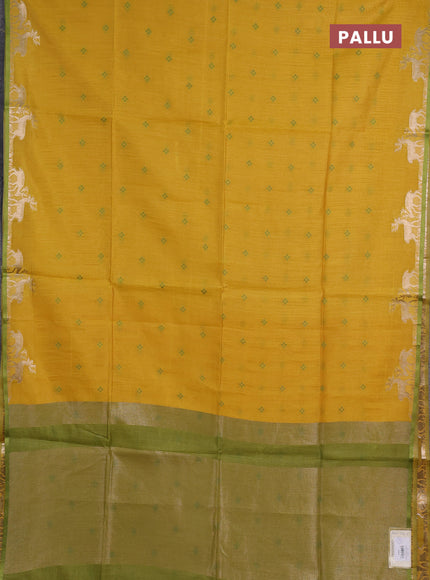 Semi dupion saree mustard yellow and light green with allover thread woven bandhani buttas and zari woven butta border