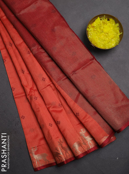 Semi dupion saree rust shade and maroon with allover thread woven bandhani buttas and zari woven butta border