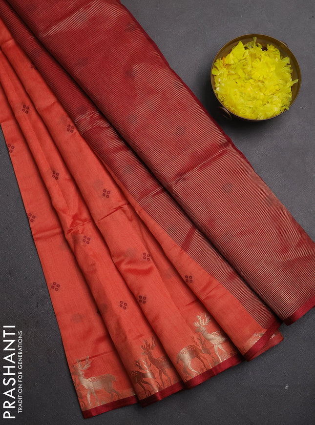Semi dupion saree rust shade and maroon with allover thread woven bandhani buttas and zari woven butta border