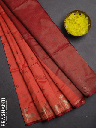 Semi dupion saree rust shade and maroon with allover thread woven bandhani buttas and zari woven butta border