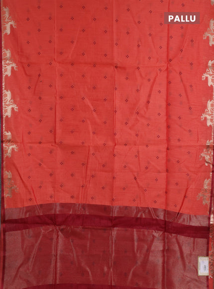 Semi dupion saree rust shade and maroon with allover thread woven bandhani buttas and zari woven butta border