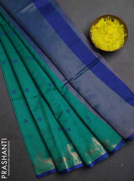 Semi dupion saree teal green and blue with allover thread woven bandhani buttas and zari woven butta border
