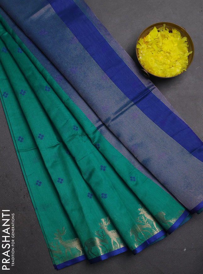Semi dupion saree teal green and blue with allover thread woven bandhani buttas and zari woven butta border
