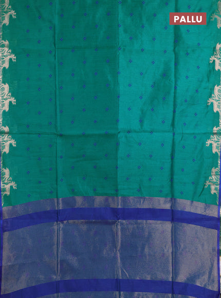 Semi dupion saree teal green and blue with allover thread woven bandhani buttas and zari woven butta border
