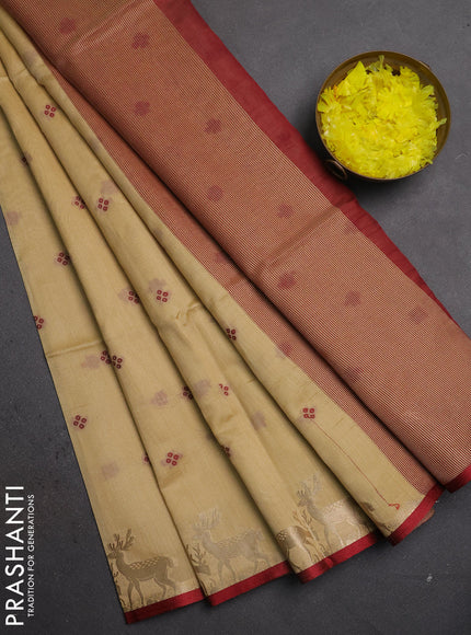 Semi dupion saree beige and maroon with allover thread woven bandhani buttas and zari woven butta border