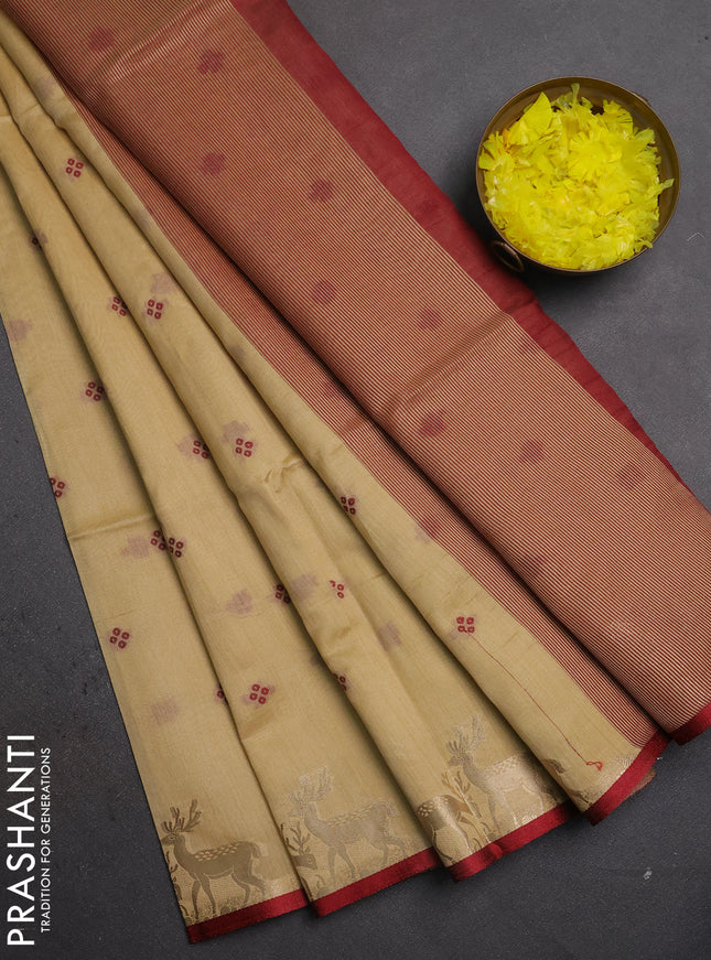 Semi dupion saree beige and maroon with allover thread woven bandhani buttas and zari woven butta border