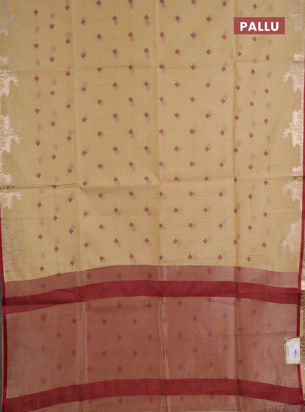 Semi dupion saree beige and maroon with allover thread woven bandhani buttas and zari woven butta border