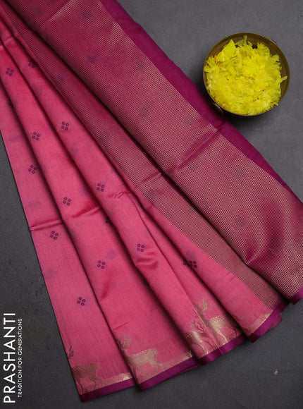 Semi dupion saree light pink and magenta pink with allover thread woven bandhani buttas and zari woven butta border