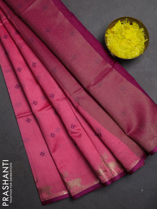 Semi dupion saree light pink and magenta pink with allover thread woven bandhani buttas and zari woven butta border