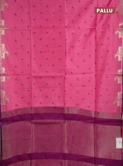 Semi dupion saree light pink and magenta pink with allover thread woven bandhani buttas and zari woven butta border