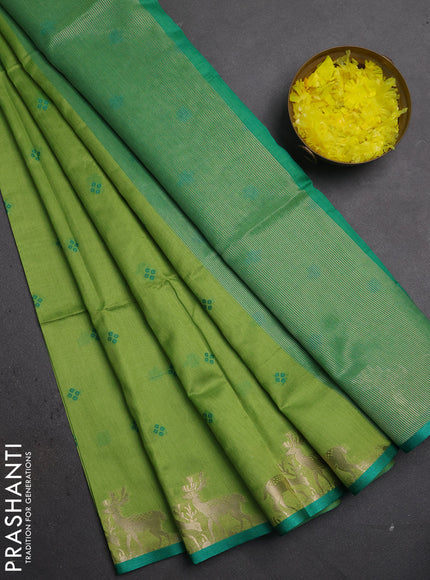 Semi dupion saree light green and green with allover thread woven bandhani buttas and zari woven butta border