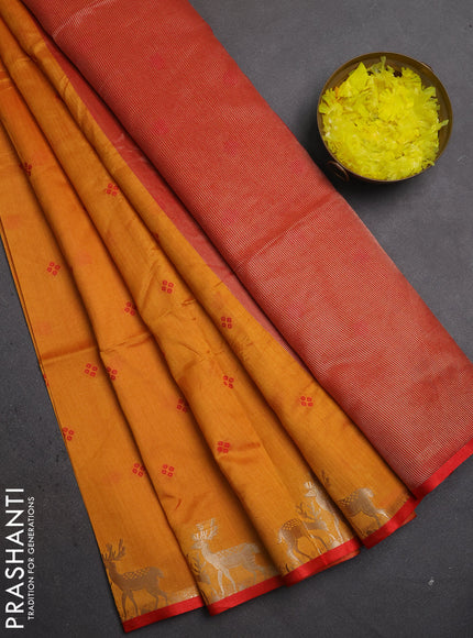 Semi dupion saree mango yellow and red with allover thread woven bandhani buttas and zari woven butta border