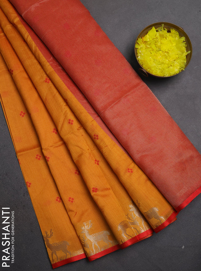 Semi dupion saree mango yellow and red with allover thread woven bandhani buttas and zari woven butta border