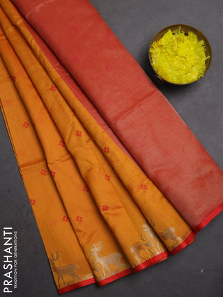 Semi dupion saree mango yellow and red with allover thread woven bandhani buttas and zari woven butta border