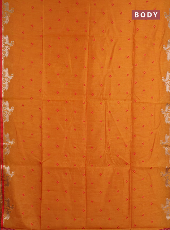 Semi dupion saree mango yellow and red with allover thread woven bandhani buttas and zari woven butta border