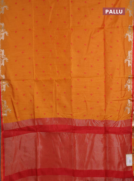 Semi dupion saree mango yellow and red with allover thread woven bandhani buttas and zari woven butta border