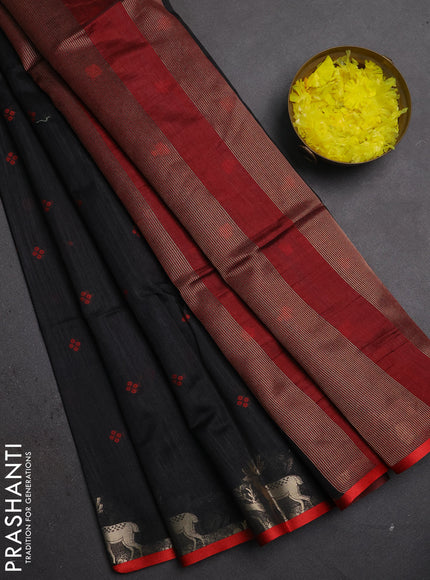 Semi dupion saree black and red with allover thread woven bandhani buttas and zari woven butta border
