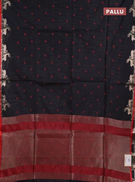 Semi dupion saree black and red with allover thread woven bandhani buttas and zari woven butta border