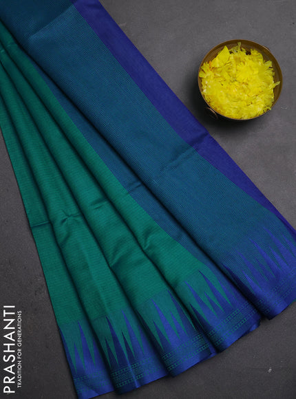 Semi dupion saree green and blue with allover thread weaves and temple design thread woven border