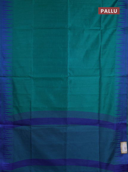 Semi dupion saree green and blue with allover thread weaves and temple design thread woven border