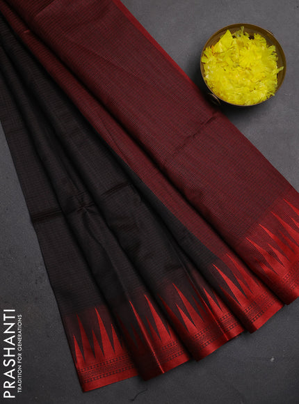 Semi dupion saree black and red with allover thread weaves and temple design thread woven border