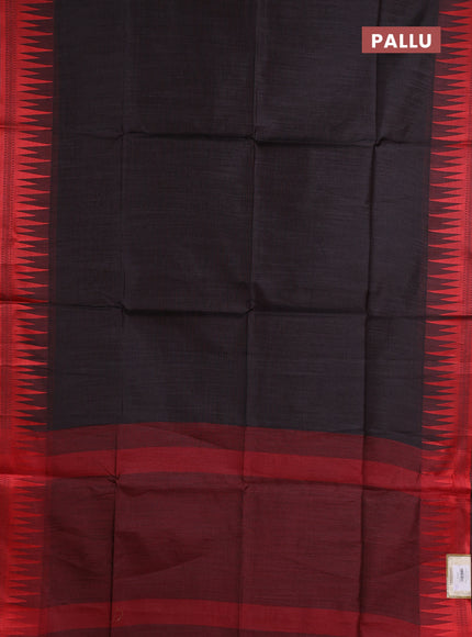 Semi dupion saree black and red with allover thread weaves and temple design thread woven border