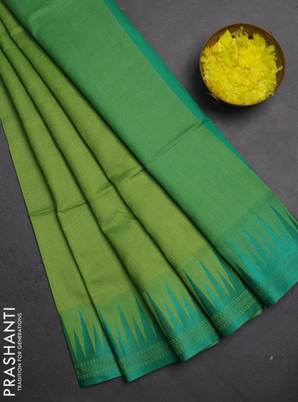 Semi dupion saree light green and green with allover thread weaves and temple design thread woven border