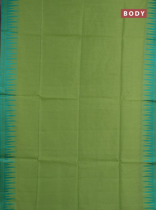 Semi dupion saree light green and green with allover thread weaves and temple design thread woven border