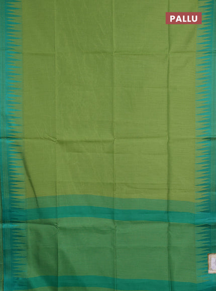 Semi dupion saree light green and green with allover thread weaves and temple design thread woven border