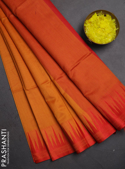 Semi dupion saree mango yellow and red with allover thread weaves and temple design thread woven border
