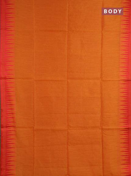 Semi dupion saree mango yellow and red with allover thread weaves and temple design thread woven border