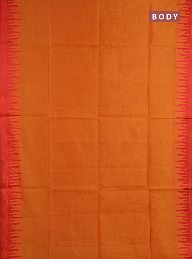 Semi dupion saree mango yellow and red with allover thread weaves and temple design thread woven border