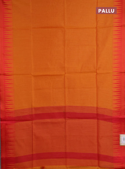 Semi dupion saree mango yellow and red with allover thread weaves and temple design thread woven border